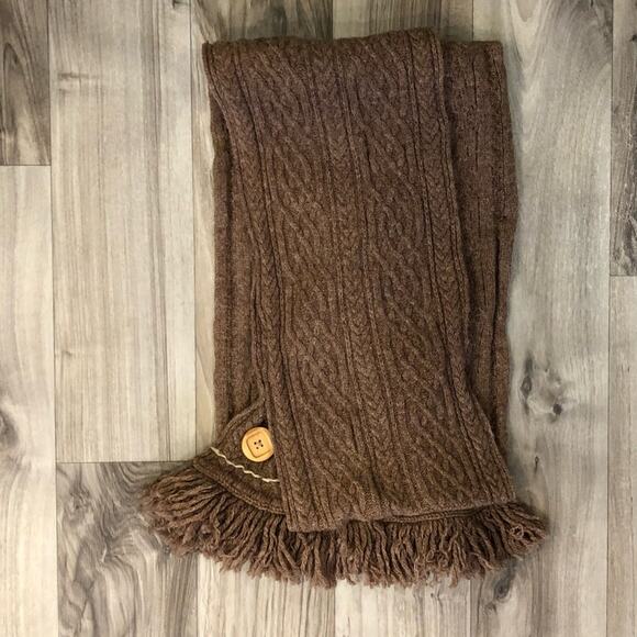 Bob Timberlake 100% Lambswool Heathered Brown Wooden Button Long Fringed Scarf - Picture 3 of 7